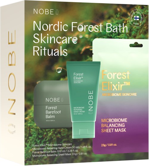 Förpackning som visar Nordic Forest Bath Skincare Rituals med kräm och mask, med fokus på mikrobiombalans och naturlig stil.