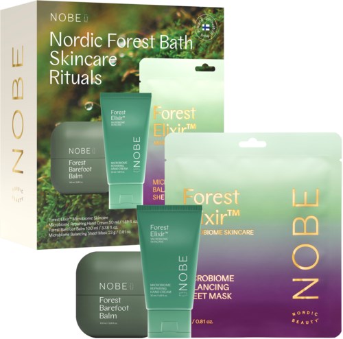 Hudvårdsset med Forest Elixir-produkter, inklusive balm, micellärt vatten och ansiktsmask för skogsinspirerad hudvård.