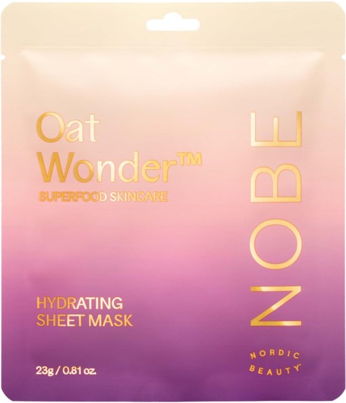 Pink gradientförpackning för en återfuktande arkmaskad av Nordic Beauty, märkt 'Oat Wonder.'