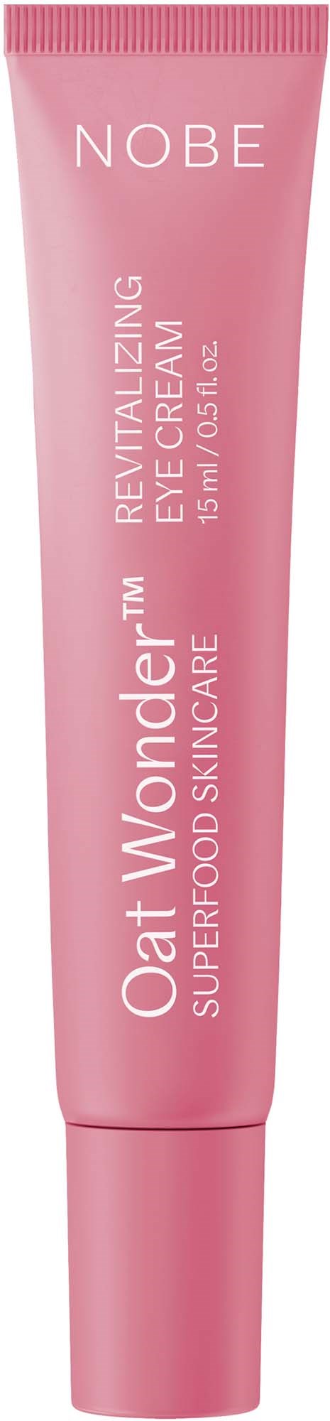 En rosa tub med Oat Wonder Revitalizing Eye Cream för superfood- hudvård. Nobe-märke upptill.