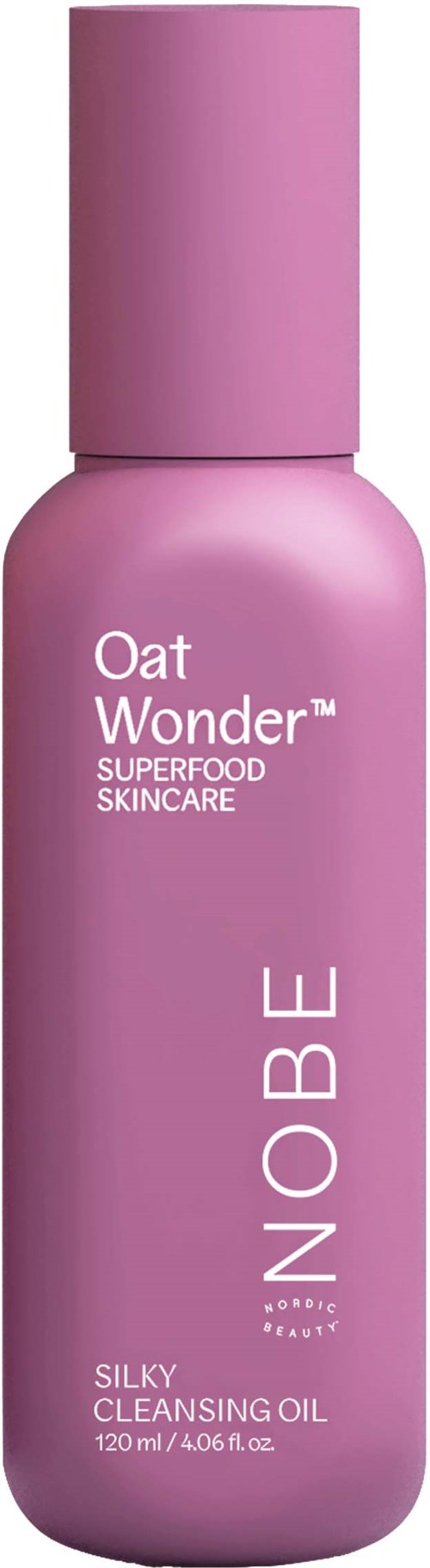 Rothalsige Flasche mit 'NOBE' und 'Oat Wonder' und 'Silky Cleansing Oil' geschrieben.