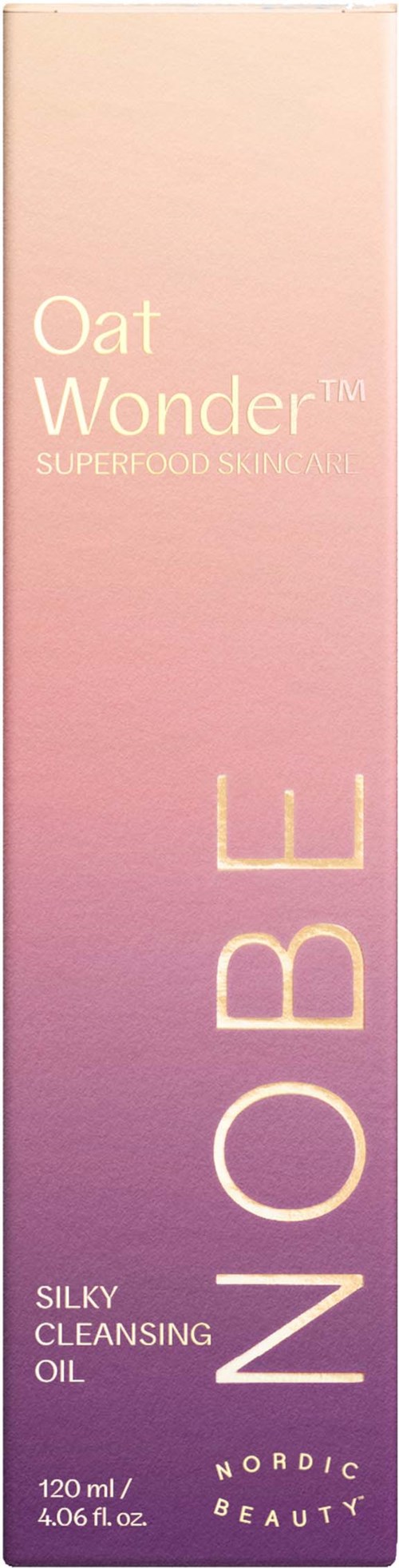 Eine lange rosa und lila Verpackung mit Text zu Oat Wonder Reinigungsöl, Marke und Größendetails.