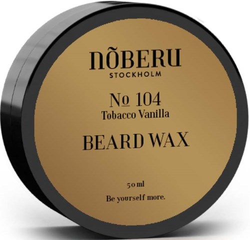 A round container shows NÖBERU Stockholm beard wax, No 104 Tobacco Vanilla scent, 50ml, with the phrase "Be yourself more."