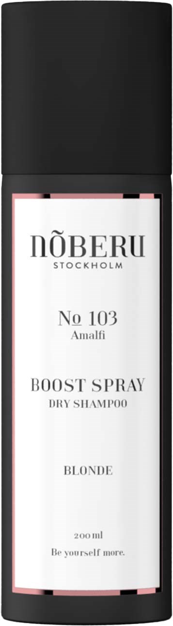 Eine schwarz-weiße Flasche mit der Aufschrift 'NÖBERU Stockholm No 103 Amalfi Boost Spray Trockenshampoo Blond 200 ml' mit Details.
