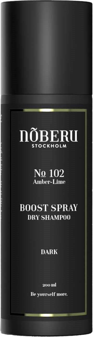 Eine schwarze Flasche Nöberu Boost Spray Trockenshampoo mit Amber-Lime-Duft.