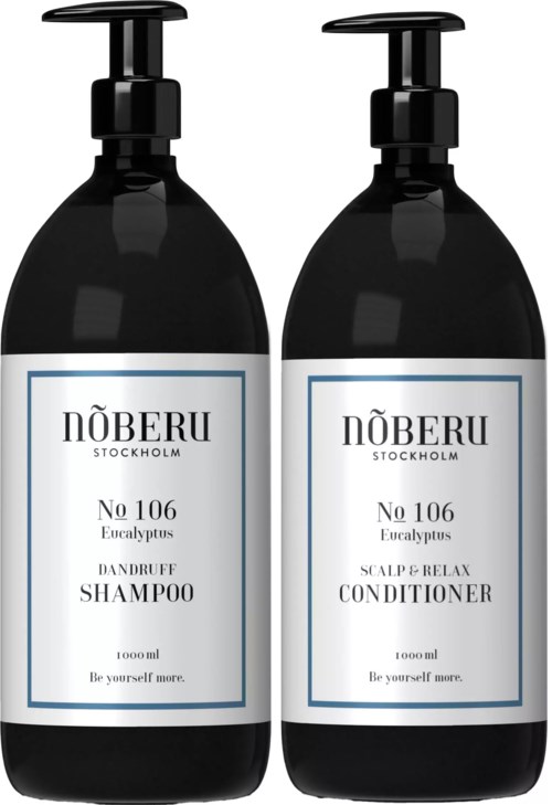 Two black bottles with pumps, labeled with white and blue, contain shampoo and conditioner for scalp and hair relaxation.