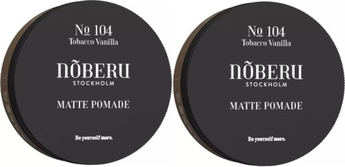Zwei runde Dosen Nöberu Tabak Vanille Matt Pomade mit schwarzen Labels und weißem Text.