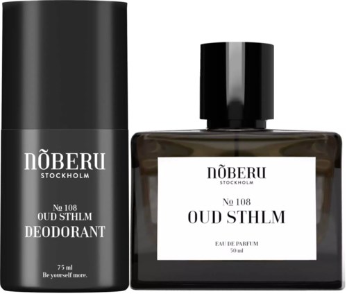 The image shows a deodorant and a perfume bottle from Noberu, both labeled No 108 Oud Sthlm.