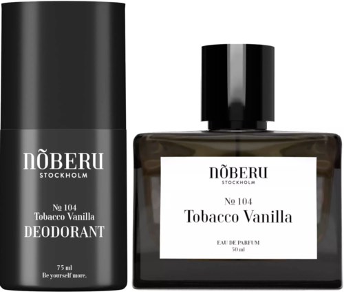 A deodorant and a perfume bottle both labeled Tobacco Vanilla from Nöberu Stockholm, black and white design.