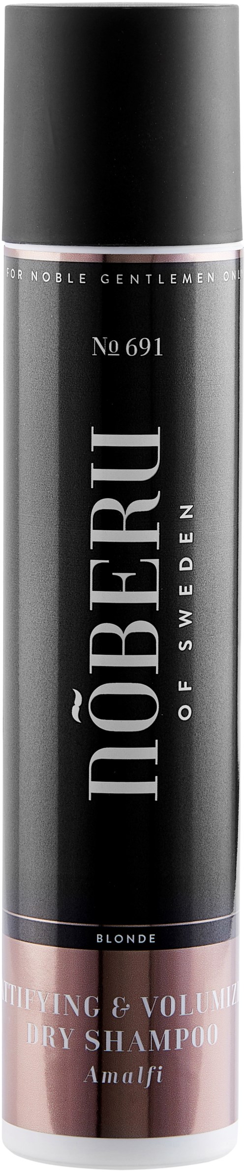Eine lange, schwarze und rosa Flasche mit Shampoo der Marke Noberu of Sweden und Produktinformationen.