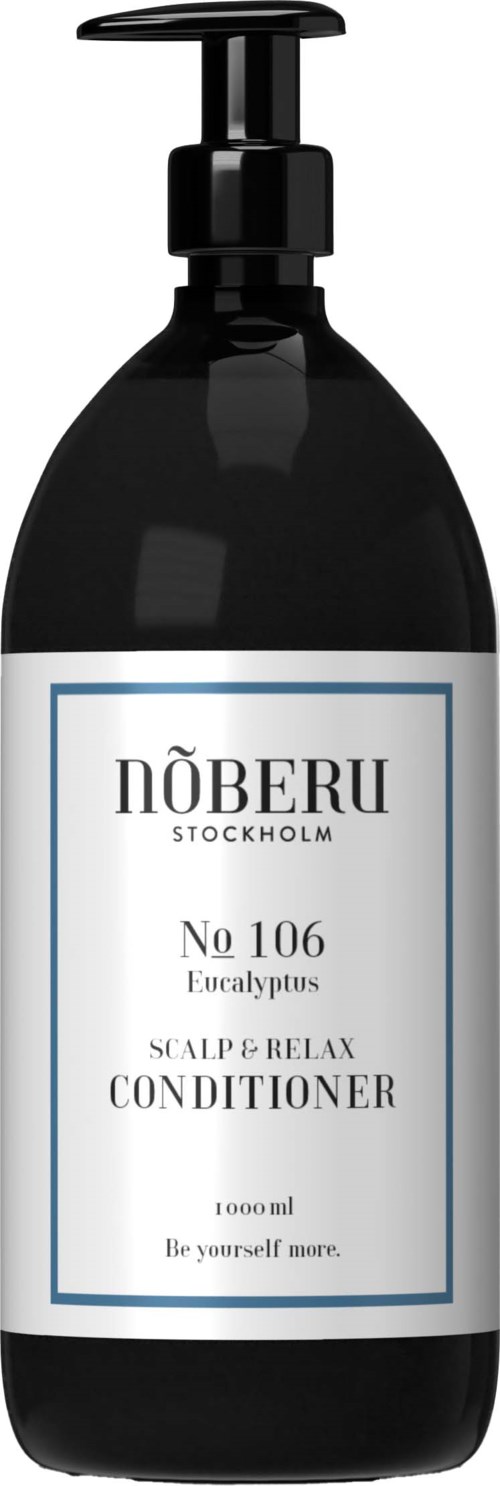 Black bottle with pump, labeled 'NÖBERU Stockholm,' eucalyptus scalp and relax conditioner, 100ml.