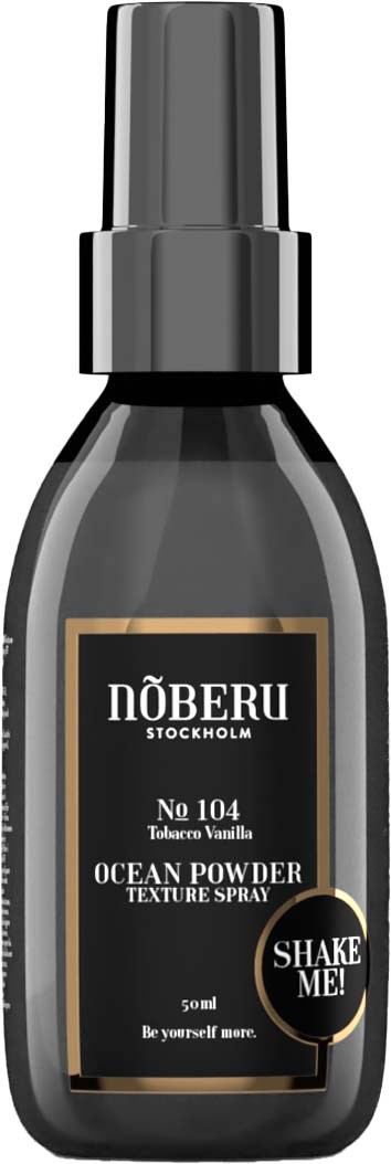 Eine schwarze Sprühflasche mit Etikett, das 'NÖBERU Stockholm No 104 Tabak Vanille Ocean Powder' sagt.