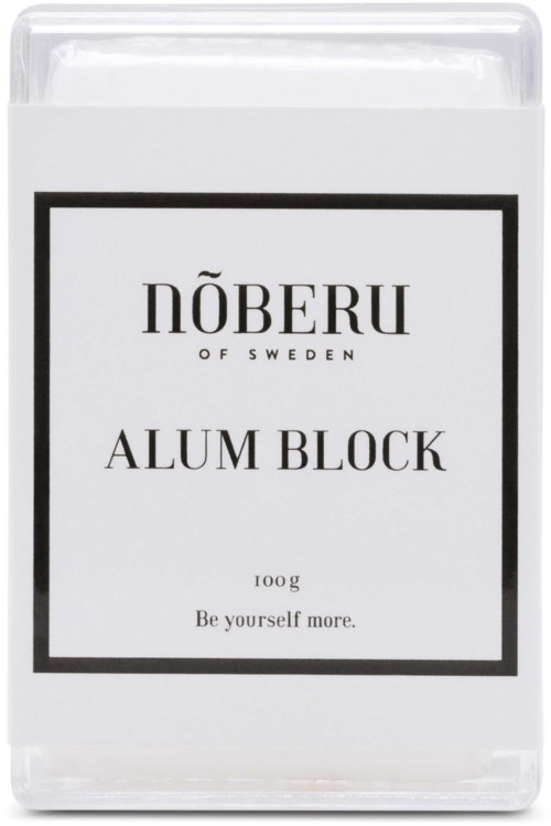 A white packaging of aluminum block soap with black text and border, labeled "NÖBERU", "ALUM BLOCK", and "Be yourself more.".