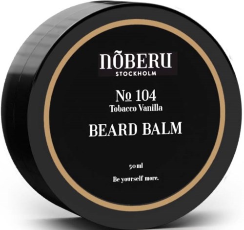 A black round container labeled 'NÖBERU Stockholm No 104 Tobacco Vanilla Beard Balm,' 50ml, with the slogan 'Be yourself more.'