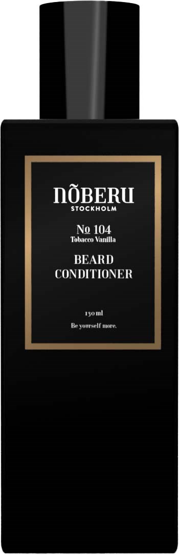 A black bottle labeled 'Nöberu Stockholm' with beige border, contains beard conditioner. It has a black cap.