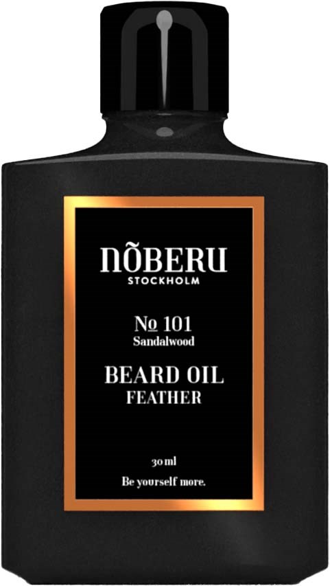 A black bottle of beard oil with a label mentioning sandalwood scent and feather. It says 'Be yourself more'.