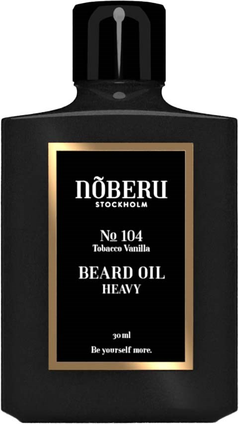 Black bottle with a label saying 'NÖBERU Stockholm No 104 Tobacco Vanilla Beard Oil Heavy' and a small logo.