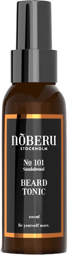 A brown bottle with a black spray cap, labeled as beard tonic, featuring black, orange, and white colors.