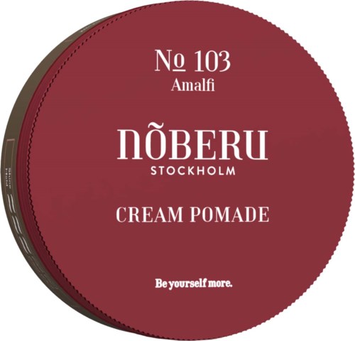 Round, red container label for a cream pomade by Nobel Stockholm, with product details and slogan.