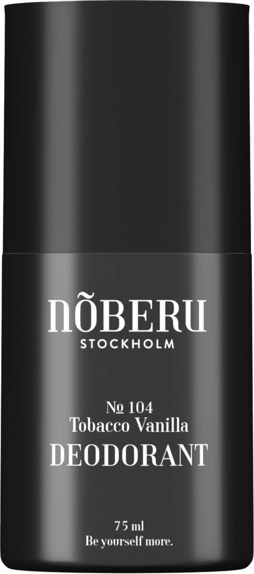 Eine schwarze Deodorantflasche mit weißen Text, von einer Marke aus Stockholm namens Nöberu, Vanille-Zigarettengeruch.