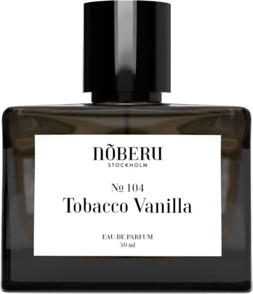 Donkere fles met een wit label. Het label zegt NÖBERU Stockholm, No 104, Tobacco Vanilla, Eau de Parfum, 50 ml.
