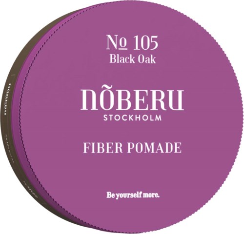 This is a purple container lid with text about a fiber pomade, brand NÖBERU, and slogan 'Be yourself more.'