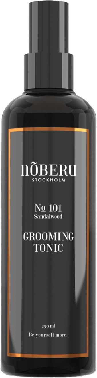 A black spray bottle labeled NöBERU Sandalwood Grooming Tonic with a spray nozzle.