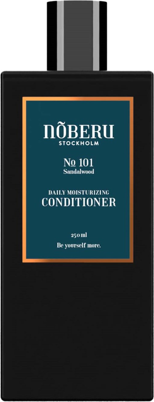 A black bottle with a label for Nöberu Stockholm moisturizer, scent Sandalwood, 250ml, with orange and teal details.