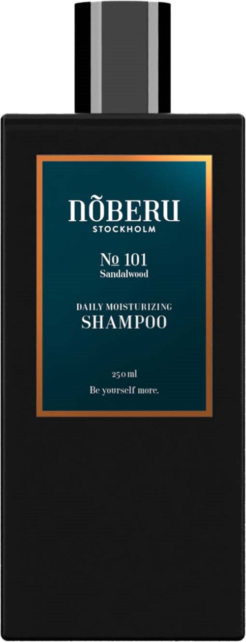 A black bottle of shampoo with a blue and gold label, showing the brand 'Nöberu' and scent 'Sandalwood'.