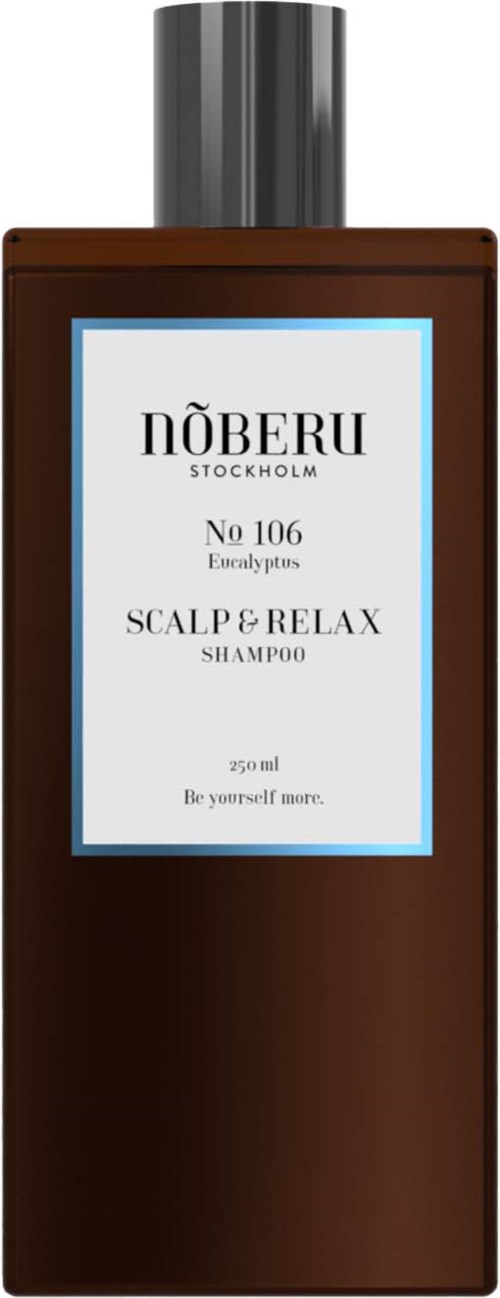 A brown shampoo bottle with a black cap, label reads 'Nöberu Stockholm, No 106, Eucalyptus, Scalp & Relax'.