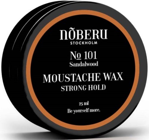 A round black container with orange and white text advertising moustache wax from Noberu, Stockholm, for a strong hold.