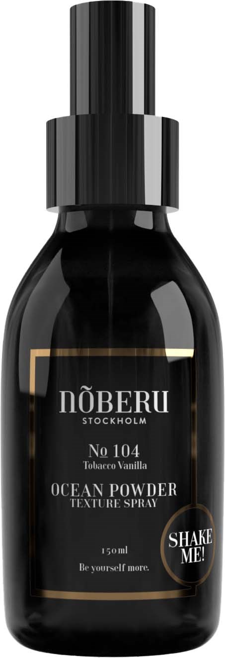 Een zwarte sprayfles met label DÖBERU Stockholm Ocean Powder Texture Spray, 150 ml, met een cirkel met 'Shake Me!'.