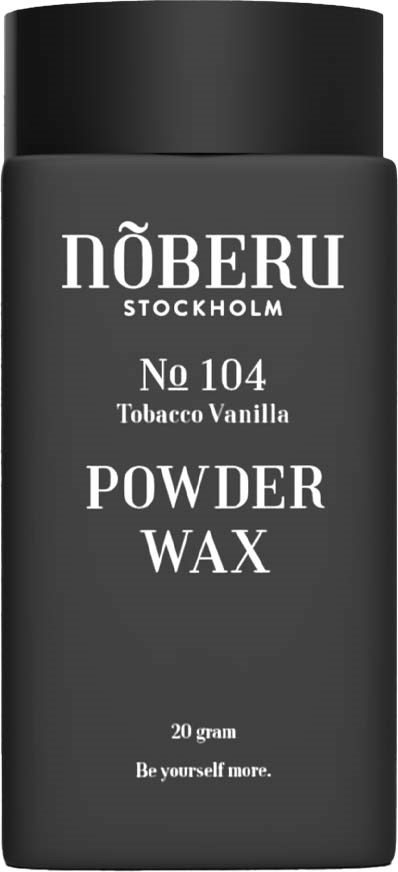 A black container labeled 'NÖBERU Stockholm No 104 Tobacco Vanilla Powder Wax' with 20 grams, simple design, emphasizes product name.