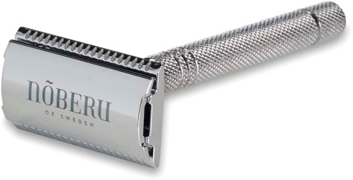 A shiny, metallic safety razor with a textured handle and branding on the shaving head.