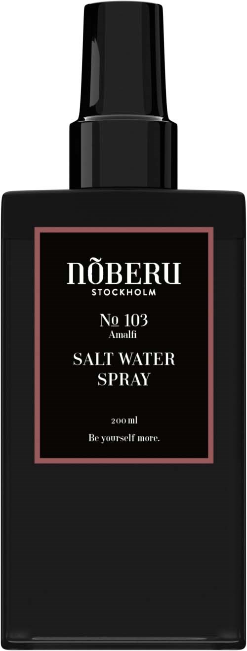 A black bottle with a spray nozzle, label saying NO BERU Stockholm salt water spray, 200 ml.