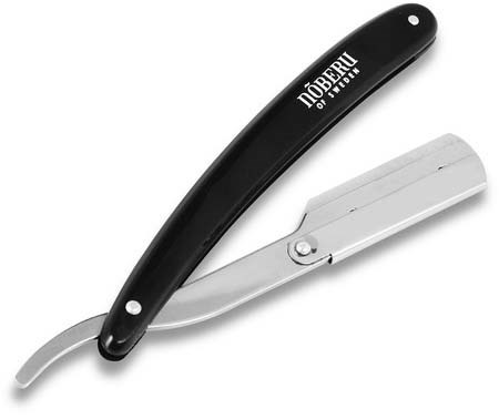 A straight razor with a black handle and a partially open silver blade.