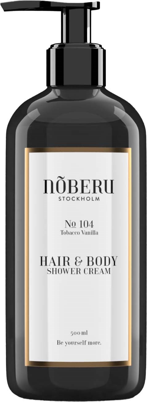 Eine schwarze Flasche mit Pumpspender, gekennzeichnet als Haar- und Körper-Duschcreme, von Nóberu Stockholm.