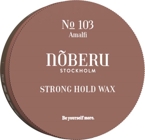 Runde Produktkennzeichnung für NÖBERU Stockholm stark haltendes Wachs mit Text, einschließlich Markenname, Nummer und Slogan.