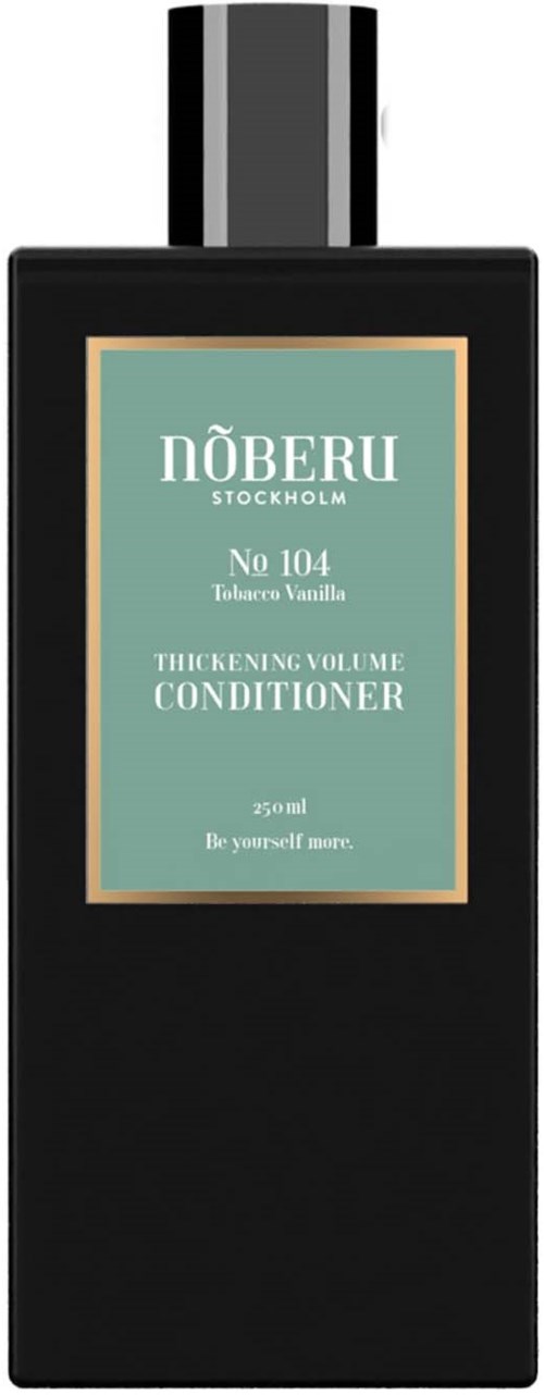 Eine schwarze Flasche Nöberu Volumen-Conditioner mit hellblauem Etikett.