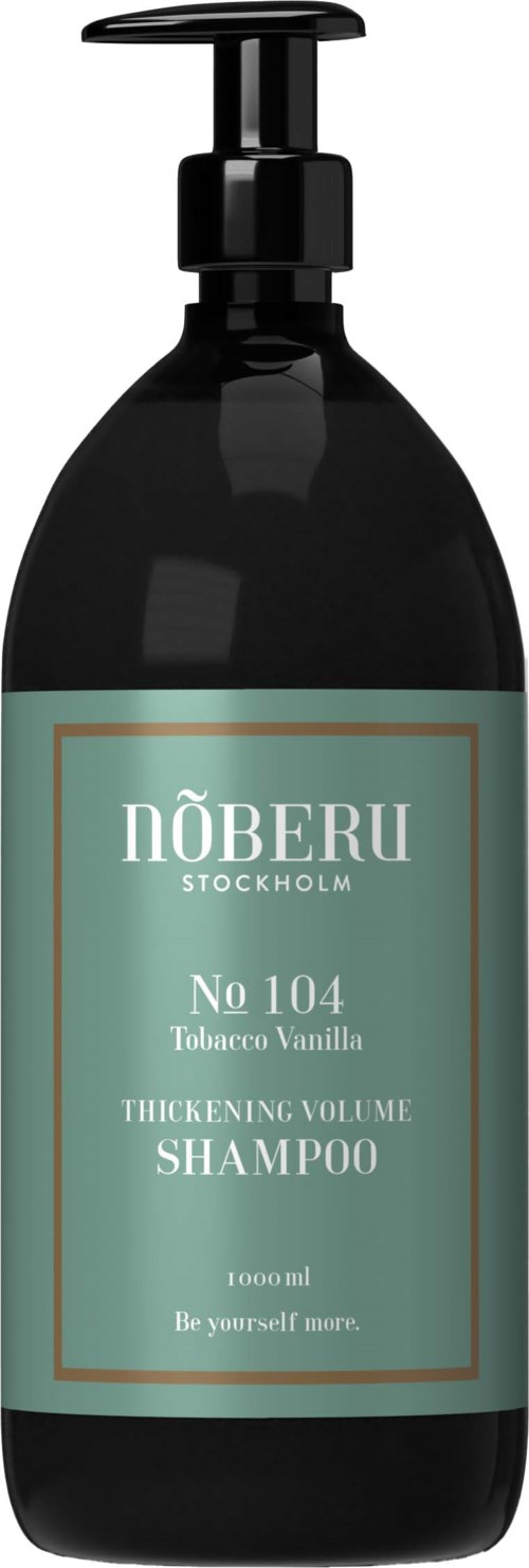 Dunkle Flasche mit Pumpe, Beschriftung 'NÖBERU Stockholm No 104 Tobacco Vanilla Thickening Volume Shampoo,' in Grün und Schwarz.