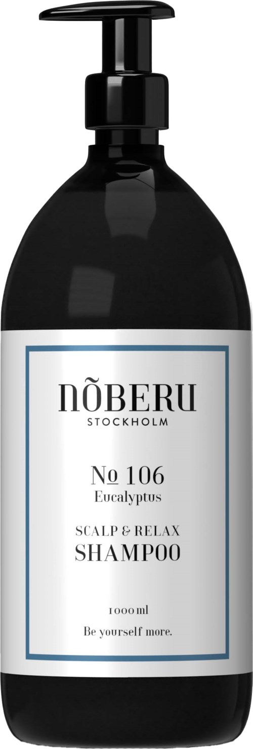 A black shampoo bottle with a pump, labeled NOBERU Stockholm, eucalyptus, for scalp and relax. 700ml size.