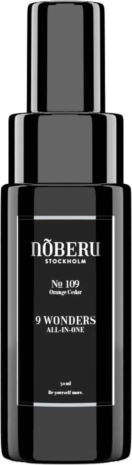 Eine schwarze Sprühflasche mit weißen Text, Marke NO BERU Stockholm, mit Zitronenduft, beschriftet 9 WONDERS.