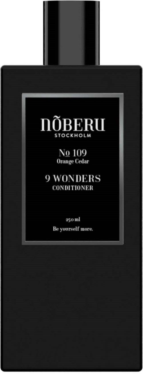 Eine schwarze Flasche mit einem Etikett, auf dem steht 'Nöberu Stockholm, No 109, Orange Cedar, 9 Wonders Conditioner, 250 ml, Be yourself more.'