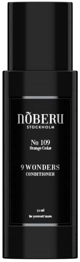 Eine schwarze Flasche mit einem Etikett, auf dem steht 'NÖBERU Stockholm No 109 Orange Clar 9 Wonders Conditioner'.