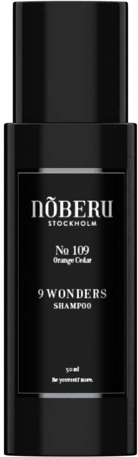 A black shampoo bottle with white text, labeled No 109 Orange Cedar from NÖBERU Stockholm.