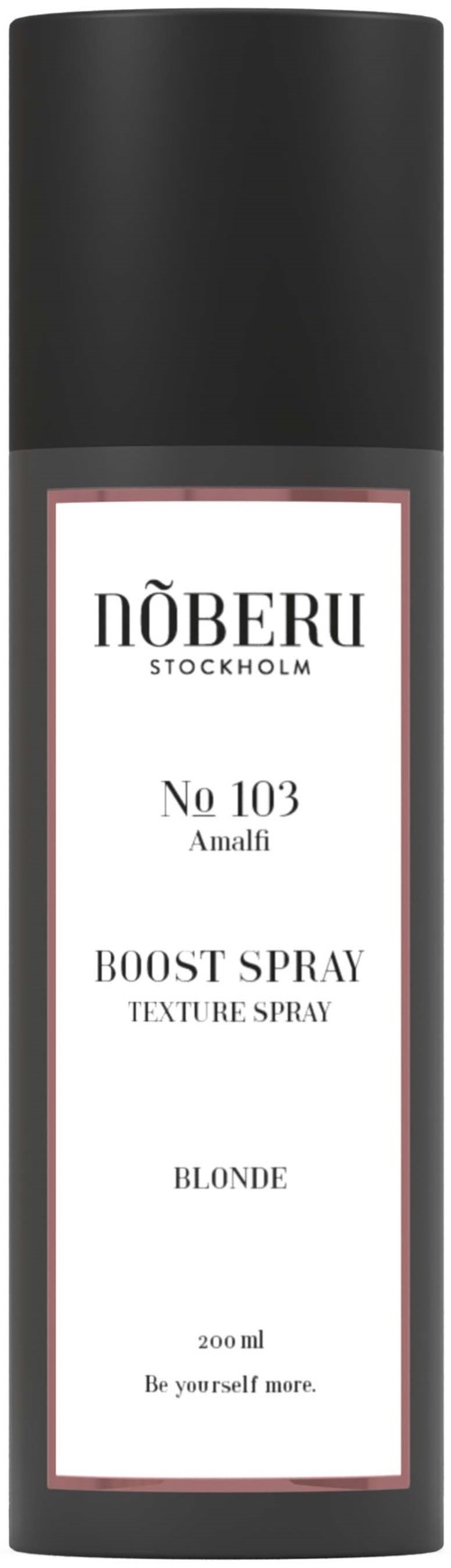 Musta ja valkoinen pullo merkattu blondille hiuksille, sisältää boost spray ja tekstuurispray kuvaus Nöberu Stockholm.