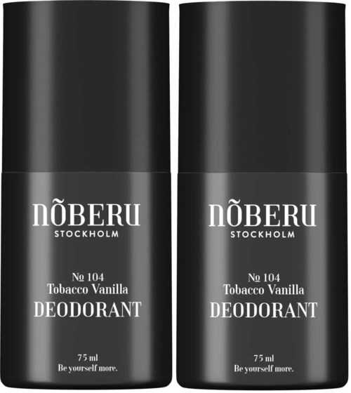 Two black deodorant bottles labeled 'NÖBERU Stockholm' with vanilla scent, size 75 ml, and motto 'Be yourself more.'