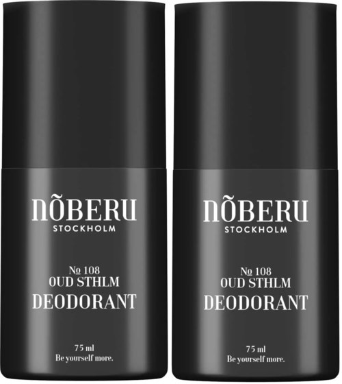 Two black deodorant bottles with white text, labeled 'Növeru Stockholm' and 'No 108 Oud Sthlm Deodorant.'