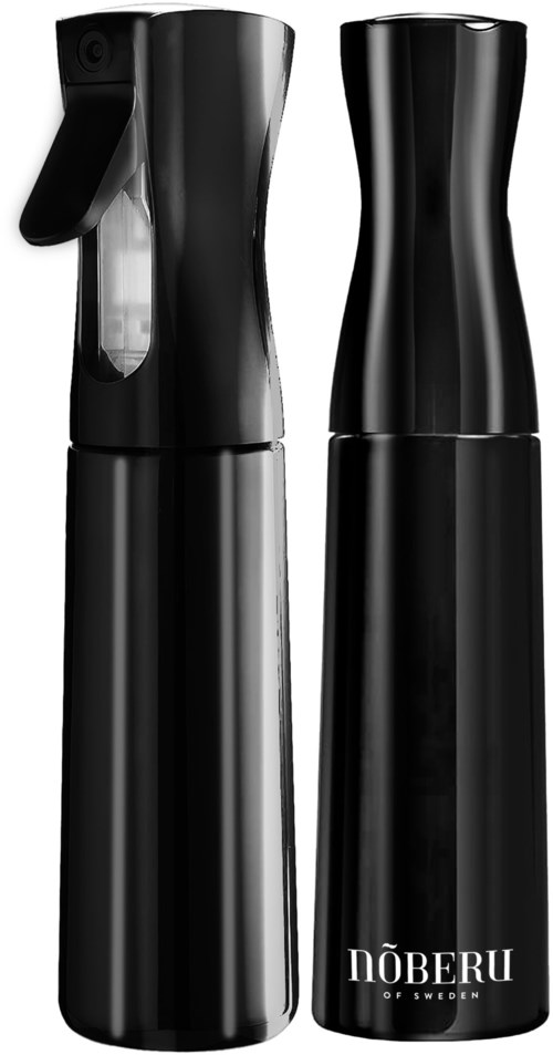 Två svarta, eleganta sprayflaskor med en som har en genomskinlig del och vitt text som lyder "NÖBERU".