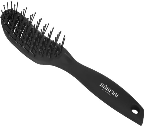 Eine schwarze Haarbürste mit vielen Zinken, zum Frisieren. Auf dem Griff steht 'NOBERU'.